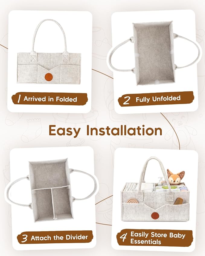 Maliton Baby Diaper Caddy, Nursery Storage Bin & Car Organizer with Handle, Large Felt Bag for Newborn essentials Boy or Girl, Changing Table Organizer for Baby Stuff, 15" x 9" x 7" Baby Shower Basket