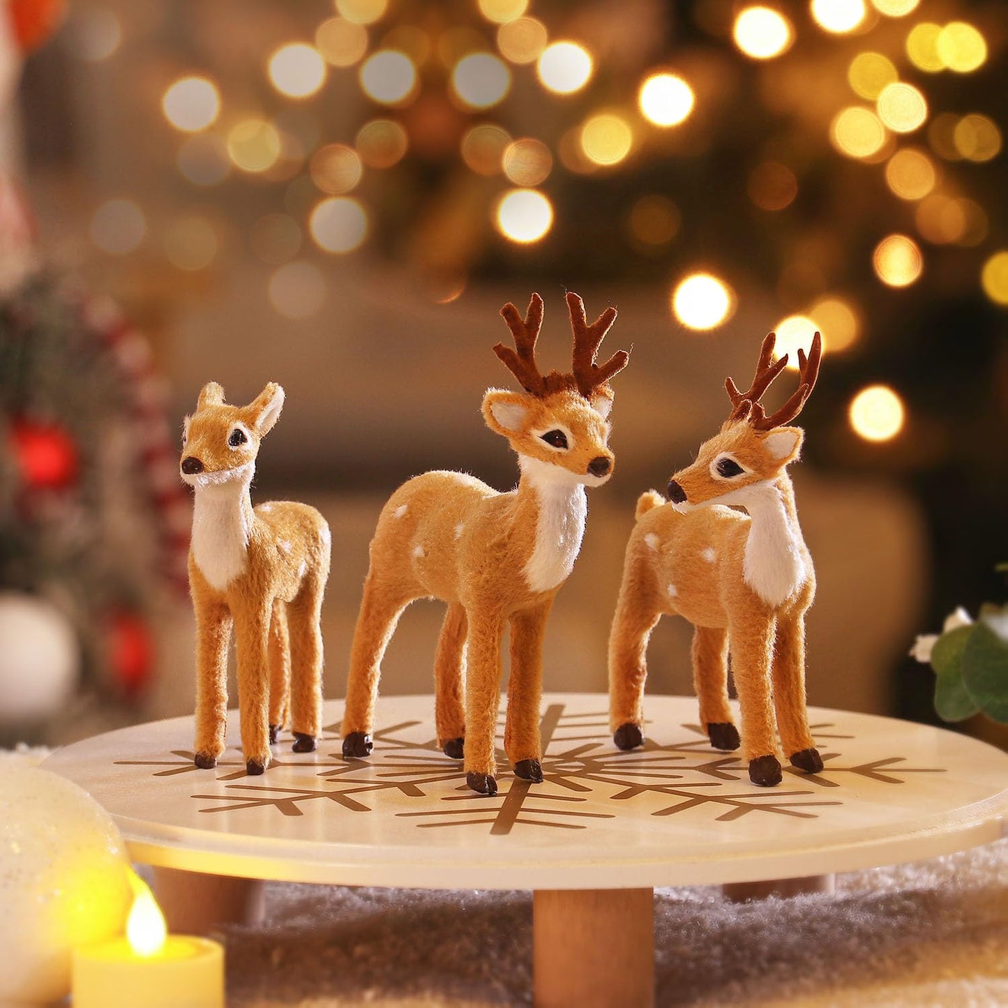 3 Pack Christmas Reindeer Figurines, Festive Holiday Decorations, Rustic Elk Ornaments, Handcrafted Tabletop Decor for Home, Office, Fireplace, Mantle