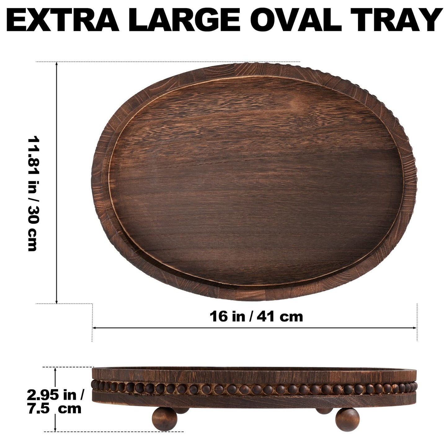 Wooden Decorative Tray-16×11.8in Wood Beaded Coffee Table Decor Tray, Rustic Farmhouse Decor Tray for Living Room, Bathroom, Kitchen Dining Table, Serving Tray Home Decor