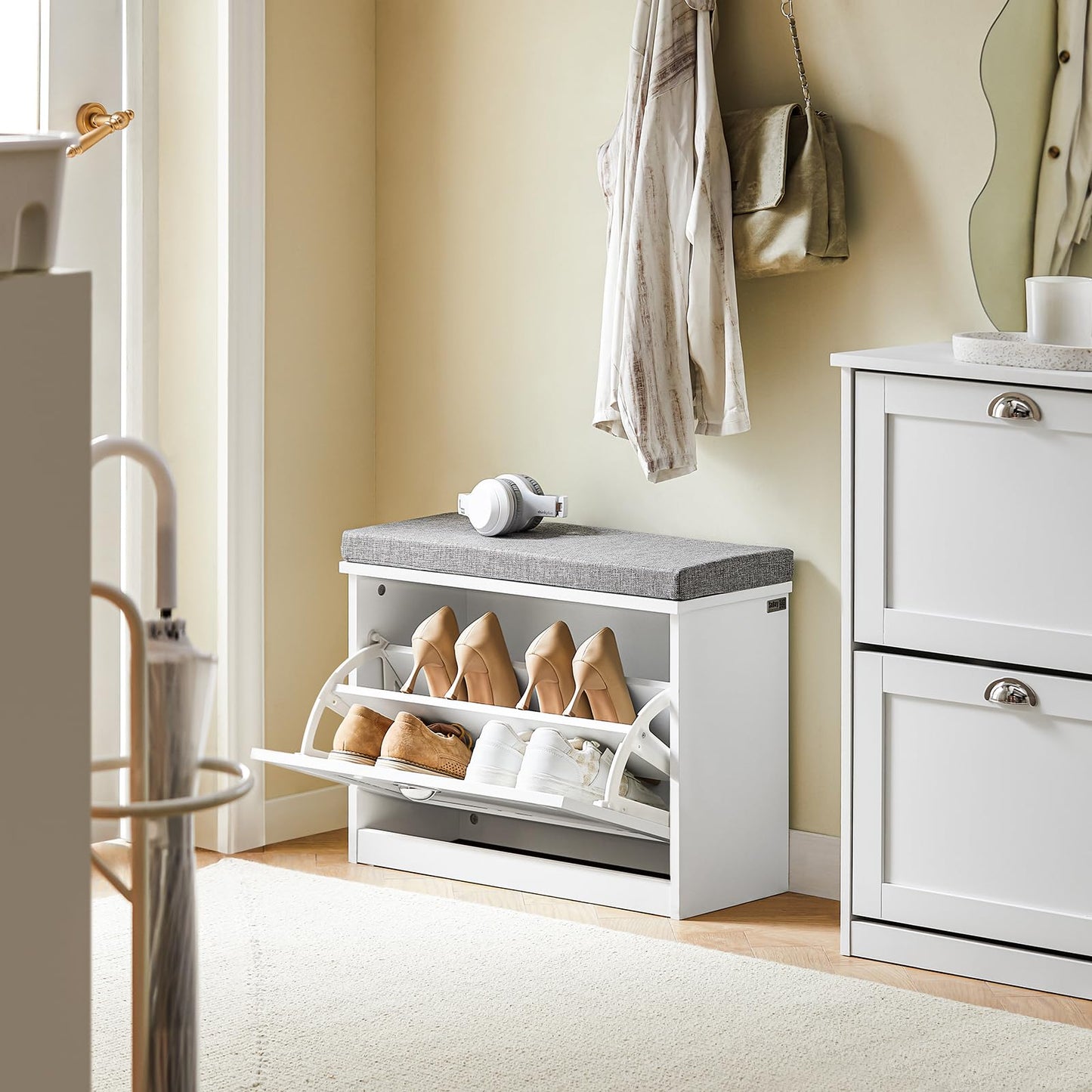 Haotian Small Shoe Storage Bench with Cushion, White Narrow Shoe Rack for Entryway, Small Shoe Cabinet with 2 Tiers Flip-Drawer, FSR195-K-W