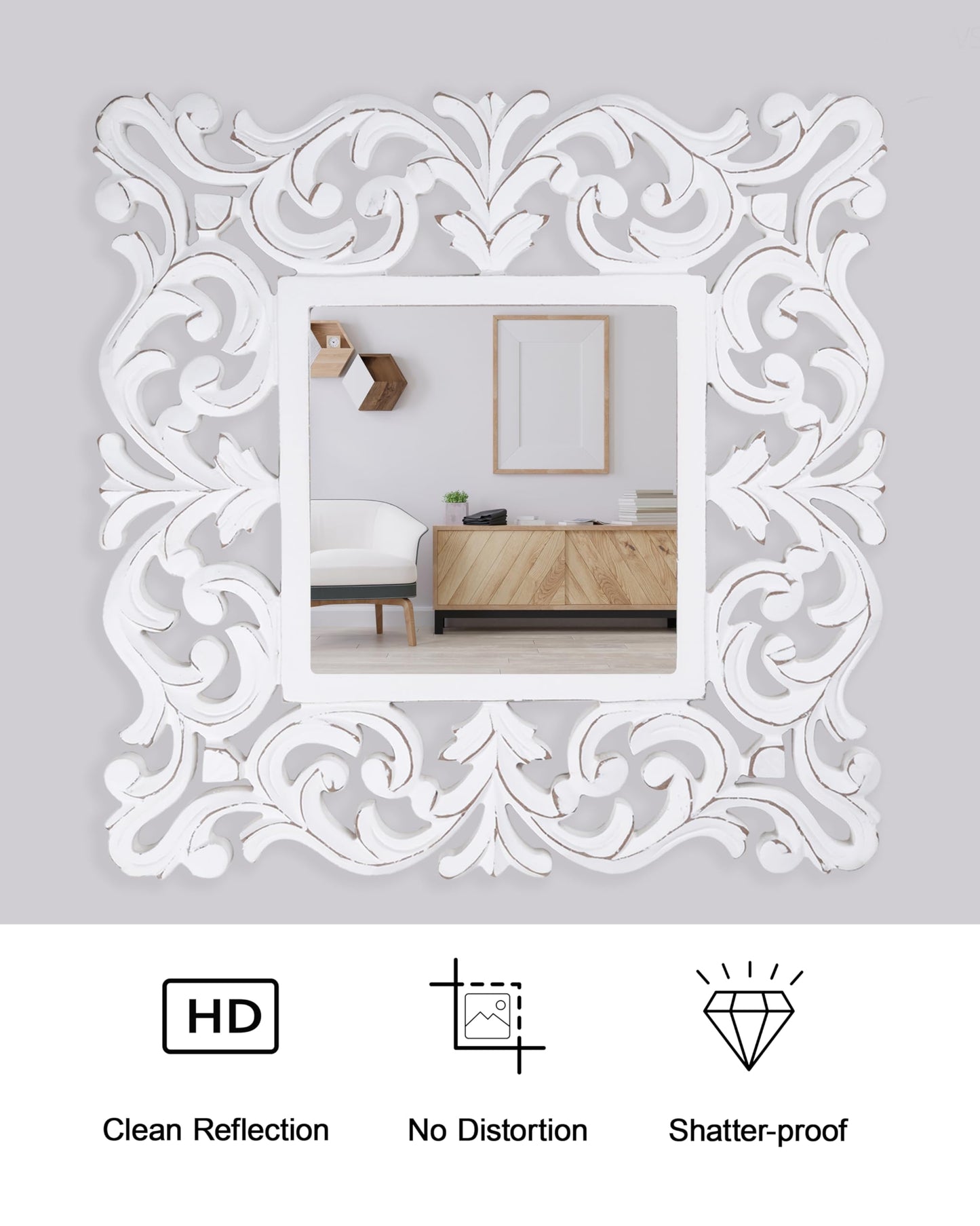 Lightnpro Hand Carved Farmhouse Wall Mirror - 18 Inch Square Antique White Wooden Frame, Rustic Decorative Mirror for Bathroom, Living Room, Bedroom & Entryway Décor