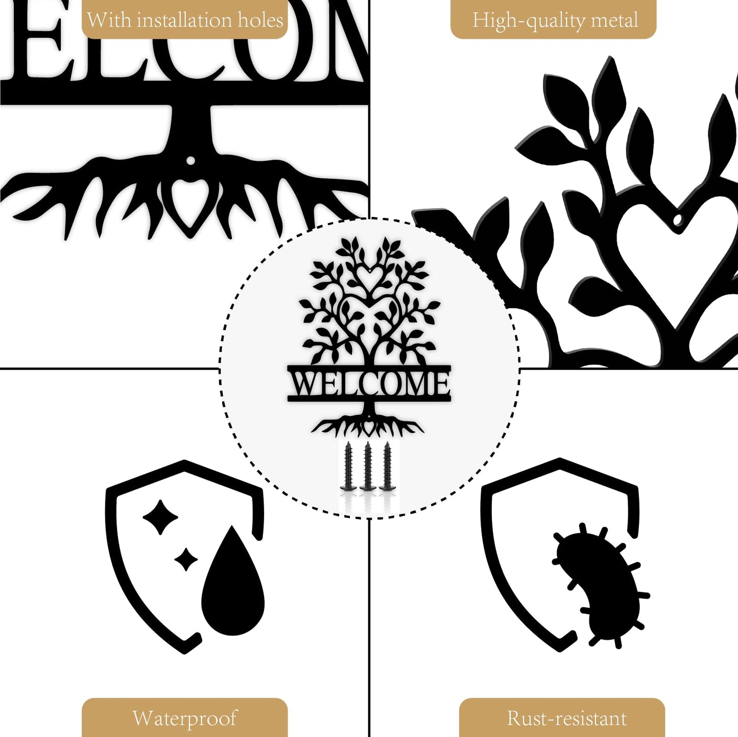 12" x 9.74" Black Metal Welcome Sign for Front Door, Tree of Life Wall Art Decor, New Home Welcome Porch Sign, for Home Living Room Office