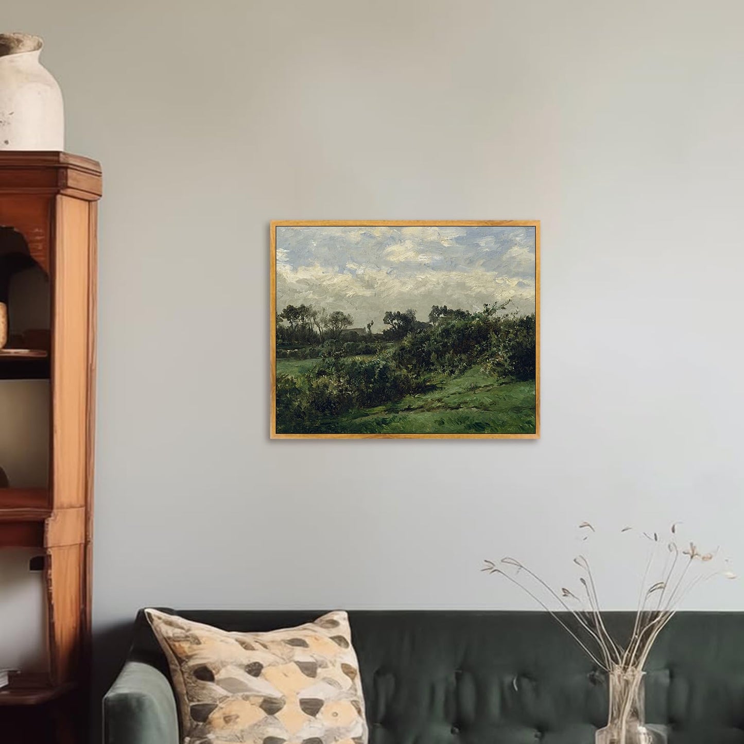 Vintage Farmhouse Poster Countryside Canvas Wall Art Rustic Scenery Picture Retro Landscape Artwork Antique Farmhouse Wall Art Green Scenery Picture Vintage Village Painting Wilderness Artwork 8x10in Framed