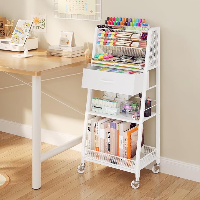 Homsorout 3 Tier Rolling Cart - Metal Utility Cart with Storage Drawer and Wheels, Versatile Art & Craft Organizer for Home, Office, or Studio - Ideal for Storing Brushes, Paints, and Supplies(White)
