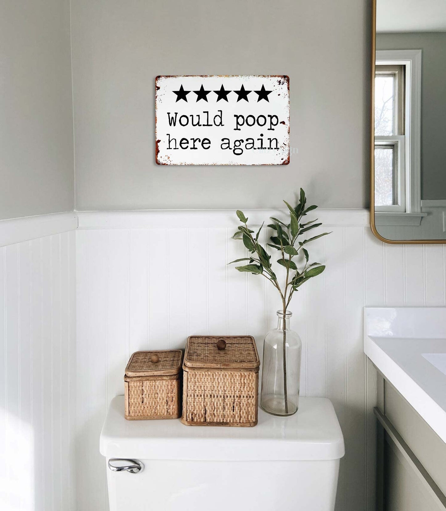 CrazySign Would Poop Here Again - Funny Five Star Rating Bathroom Sign Decor - Indoor Outhouse Bathroom Door Wall Art 8 x 12 Inch (221)