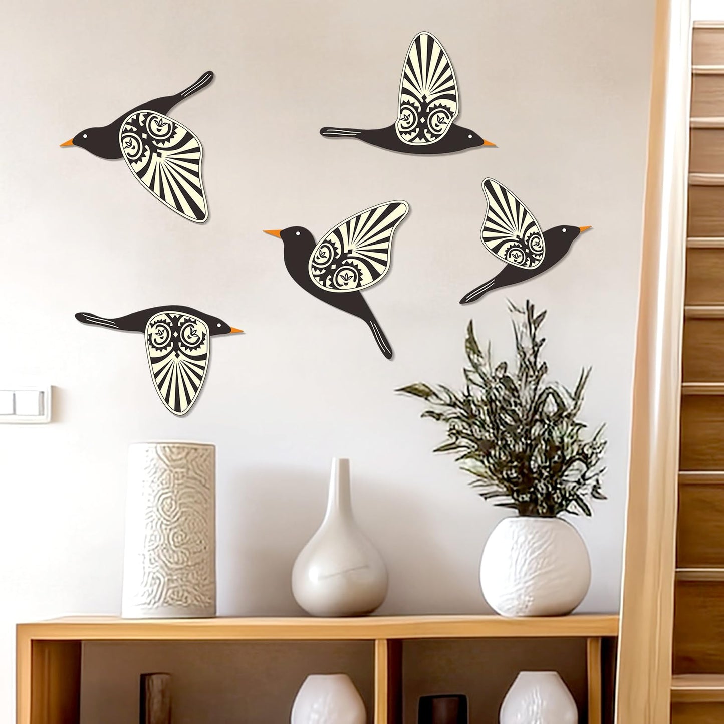 KOYILTD 5 Piece Wooden Bird Wall Decor Sculptures Wood Boho Flying Bird Wall Art Scandinavian Home Wall Decor for Farmhouse Living Room Bathroom Dining Room Kitchen Office (Rustic)