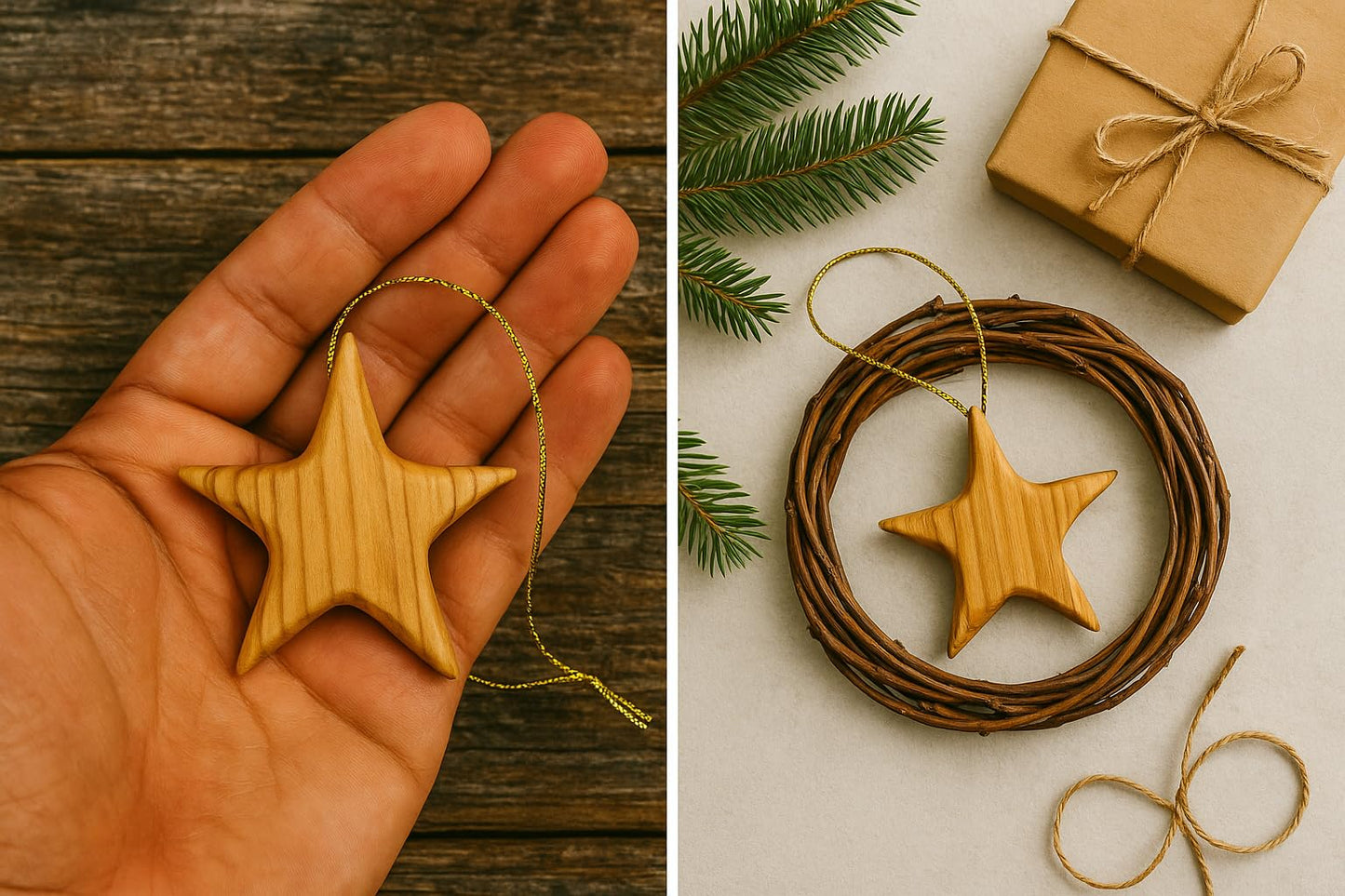 Handcrafted Olive Wood Star Ornament - Unique 2.56βx2.76β Eco-Friendly Christmas Tree Decor, Authentic Mediterranean Craft, Sustainable Holiday Decoration, Perfect Eco Gift for Christmas