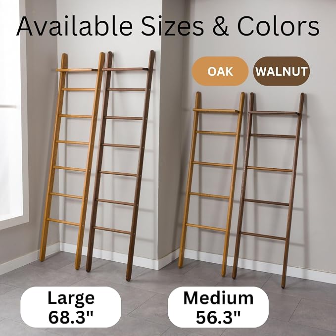 Solid Pine Wood Blanket Ladder for Living Room Bathroom Organizer Shelves, 7-Tier 5-Tier Freestanding Shelf, Freestanding Towel Rack Extra Storage, Wall-Leaning (Oak, Large)