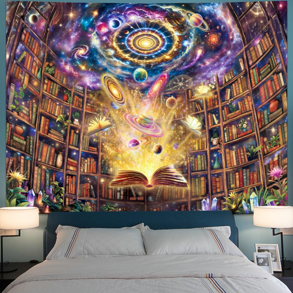 Serborlur Blacklight Bookshelf Tapestry UV Reactive Galaxy Space Library Tapestries Magical Book Planet Bookcase Backdrop Neon Universe Nebula Tapestry Wall Hanging for Bedroom Dorm Classroom