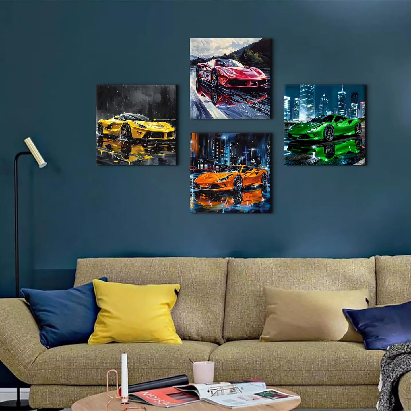 Sport Car Wall Art Car Posters for Boys Room Decor Supercar Pictures Wall Decor Cool Racing Paintings Canvas Prints Abstract Street Racing Vehicle Posters Artwork Teens Men Office Decoration 12x12" 4P
