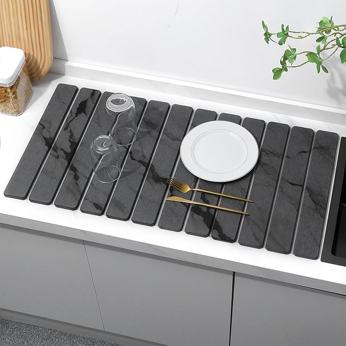 Extra Large Stone Dish Drying Mat for Kitchen Counter, Quick Dry Stone Dishes Mats, Foldable Water Absorbing Diatomaceous Drying Pad for Countertop Bottles Utensils Cups Bathroom(Dark Gray 32"×16")
