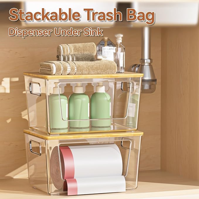 spospo 3 Pack Trash Bag Holder with Bamboo Lid, Stackable Trashbag Dispenser, Extra Large Garbage Bag Holder for Kitchen Laundry Room Under Sink Organization and Storage
