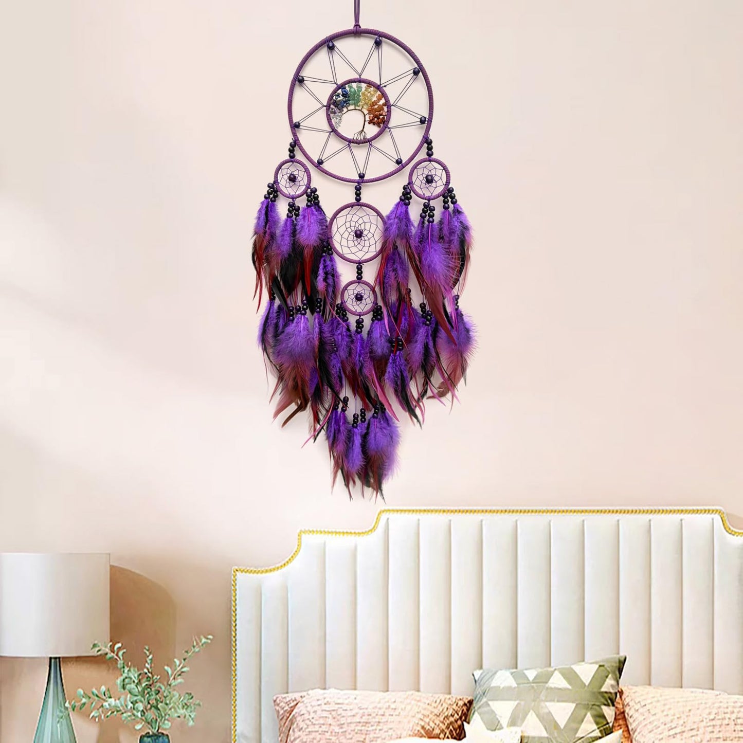 RAGKUU Purple Large Dream Catcher Wall Decor Crystal Tree of Life Dream Catchers Handmade Feather Dreamcatcher Wall Hanging Ornament for Bedroom Living Room Home Decor