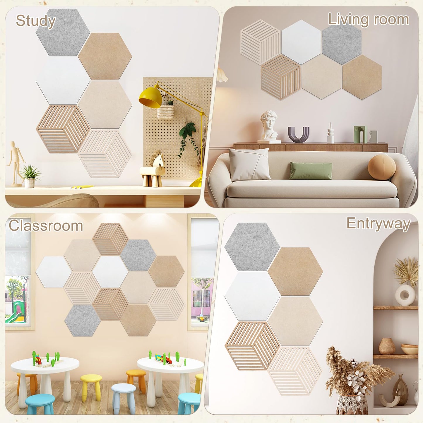 Hexagon Cork Board 12pcs with 110 Push Pins,Bulletin Board Decorative for Tiles Walls Office Room Decor Felt Vision CorkBoards for Home Pictures Photos Notes 12'' Hex