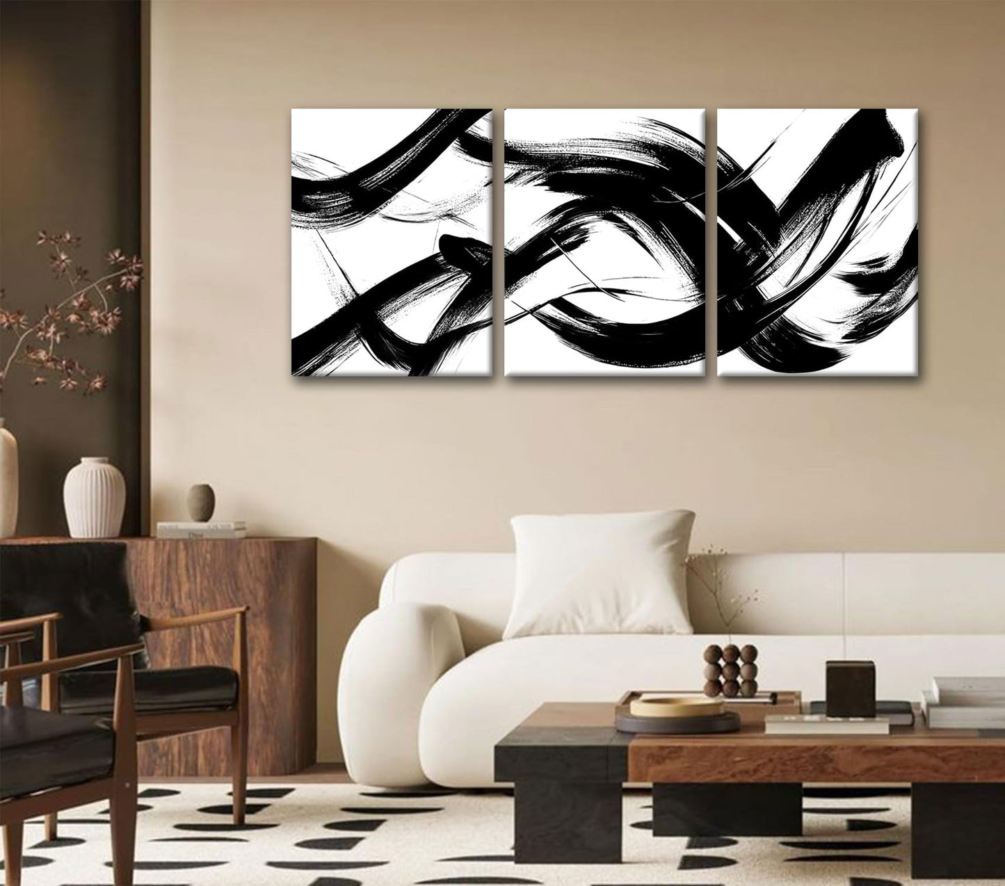 RUURUU 3Pcs Framed Black and White Abstract Wall Art Black Lines Canvas Wall Decor Brush Stroke Pictures Modern Minimalist Gallery Posters Paintings Prints For Living Room Bedroom Home Office 12x16 Inches