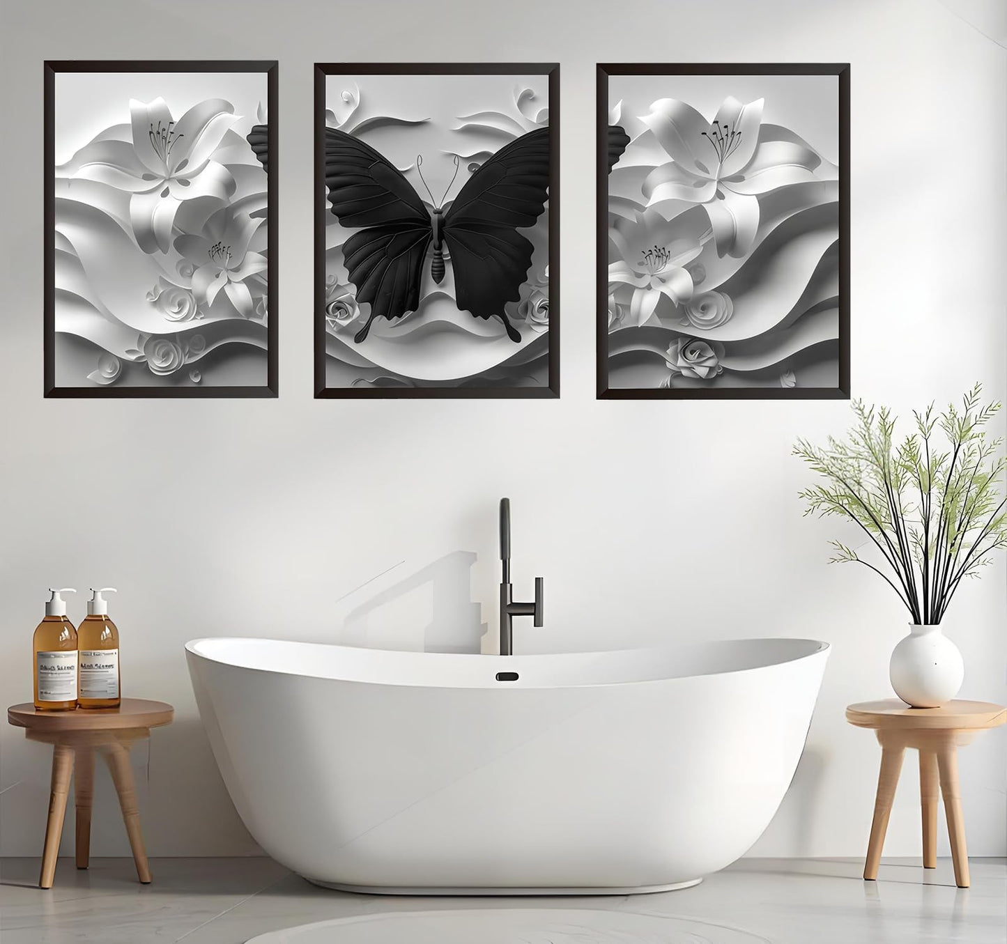 2D Black Butterfly Wall art set of 3 White Flowers Picture Canvas Art Modern Abstract Textured Florals Posters print Artwork for Living Room Bedroom Bathroom Decoration 12 * 18 in (Poster)