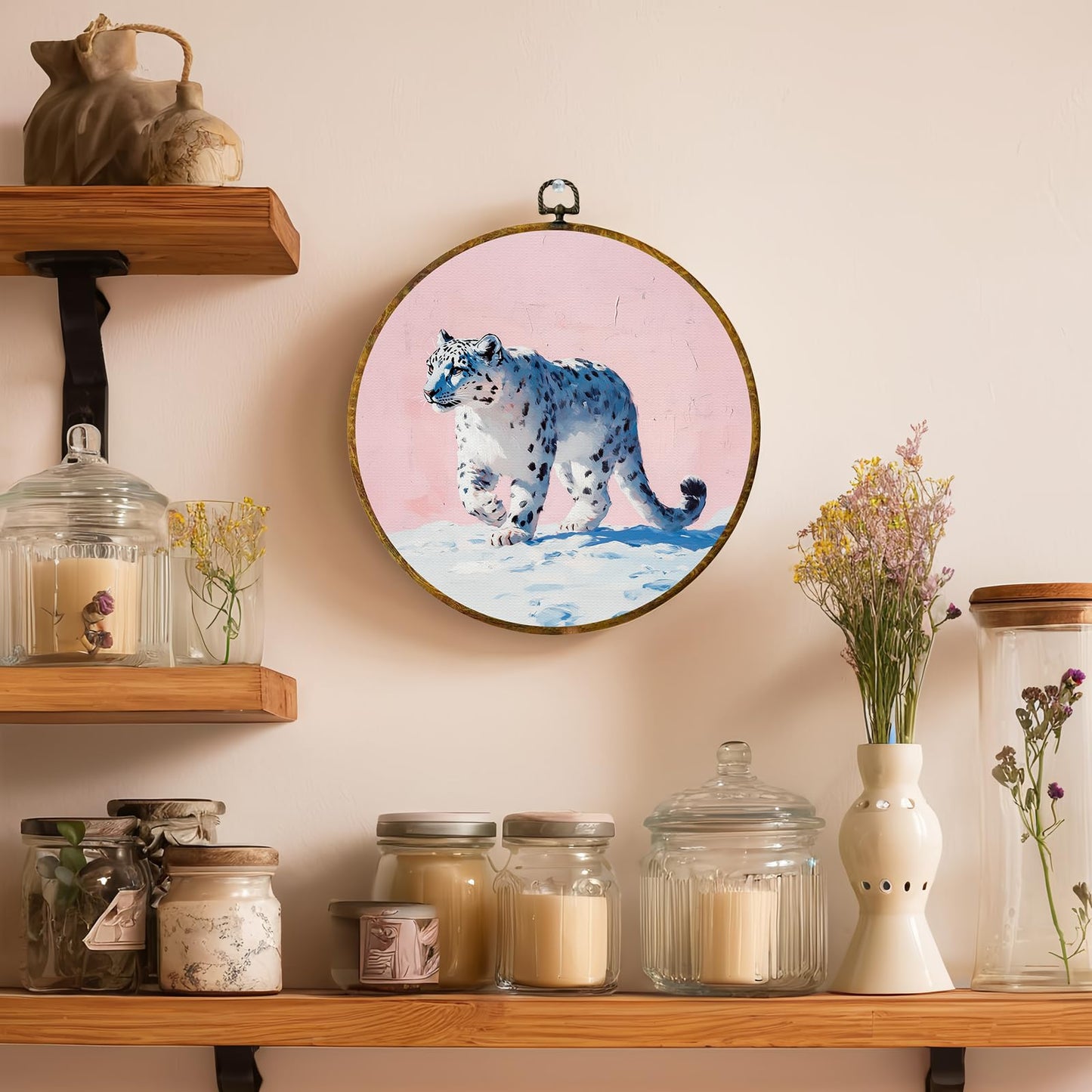 zewepri Snow Leopard Wall Art – Quirky Round Canvas, Animal Lover Gift, 10×10 Inch Decorative Wall Art for Kids’ Room, Bathroom, Living Room & Office, Perfect Housewarming & Holiday Gift