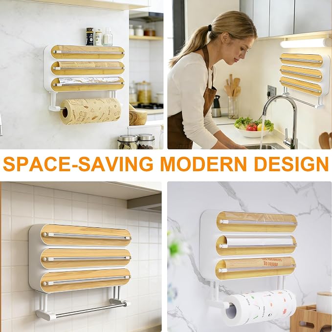 4in1 Plastic Wrap Dispenser with Cutter Aluminum Foil Organizer Wrapping Paper Storage and Kitchen Towel Holder Ideal for Kitchen Organization and Countertop Space Saving