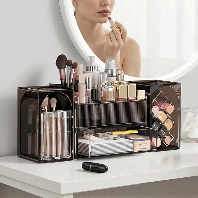 Modular Makeup Organizer, Clear Acrylic Cosmetic Storage Box with Drawer, Vanity Countertop Organizer for Makeup, Skincare and Beauty Accessories – Multiple Styles
