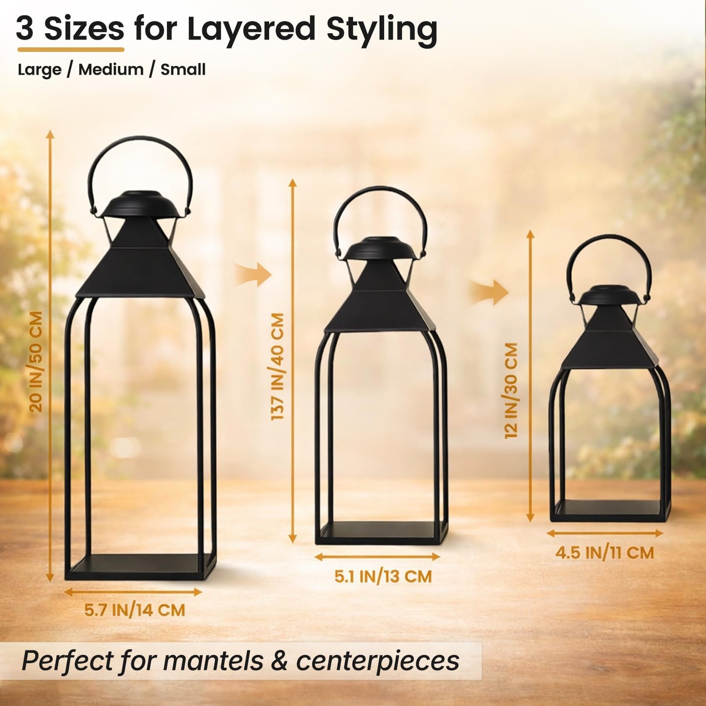 Decorative Metal Lanterns Indoor Outdoor, Set of 3 Farmhouse Lantern Holders Without Candles for Porch, Patio, Fireplace, Floor, Wedding & Holiday Table Centerpiece (Black, 20" 15.7" 12")
