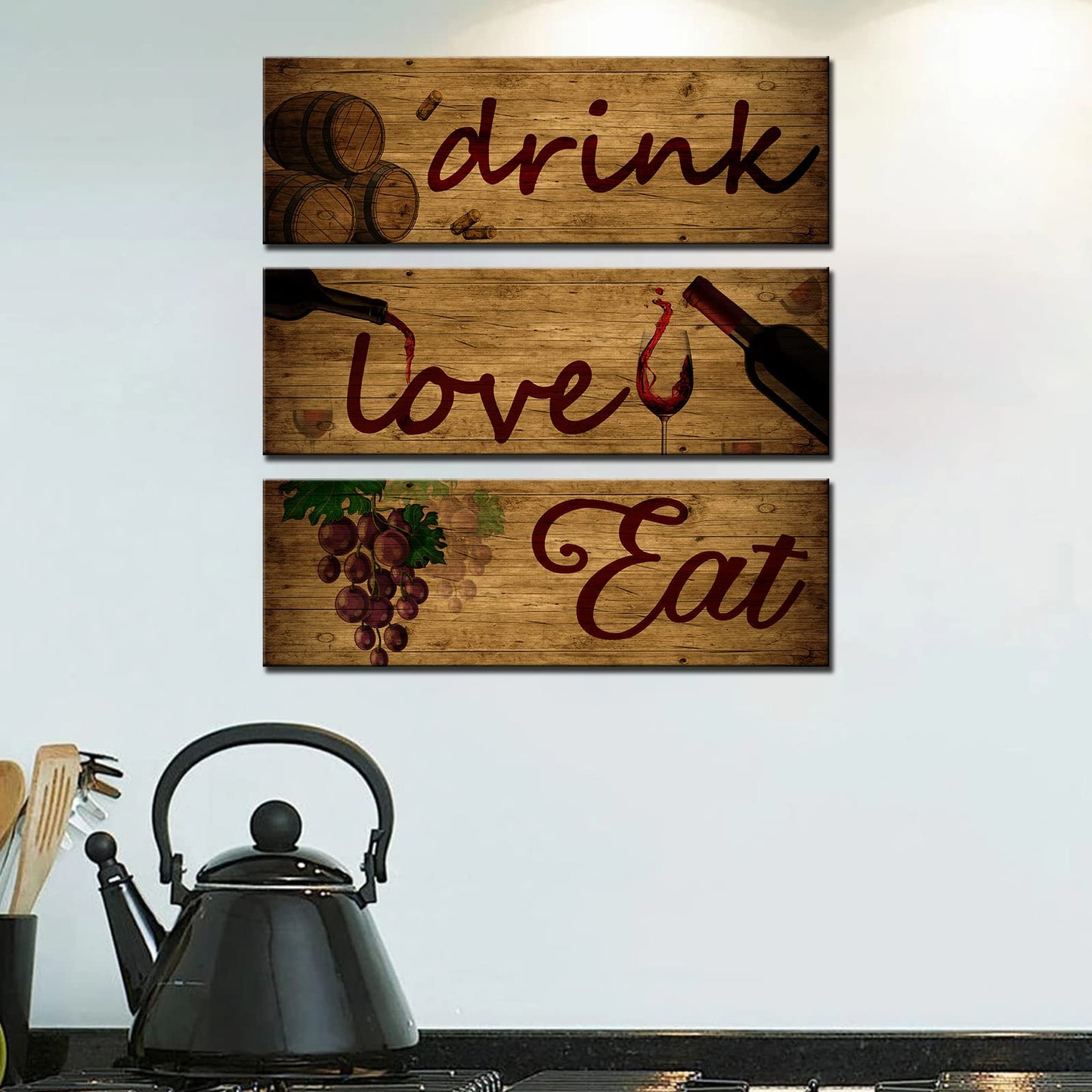 3 Pieces Red Wine Wall Art Wooden Barrel Wall Plaque Love,Eat,Drink Wood Signs Food Kitchen Decor Fruit Grape Wall Decor Retro Wine Cup/Bottle Picture for Dining Room Wine Cellar Artwork (Black)