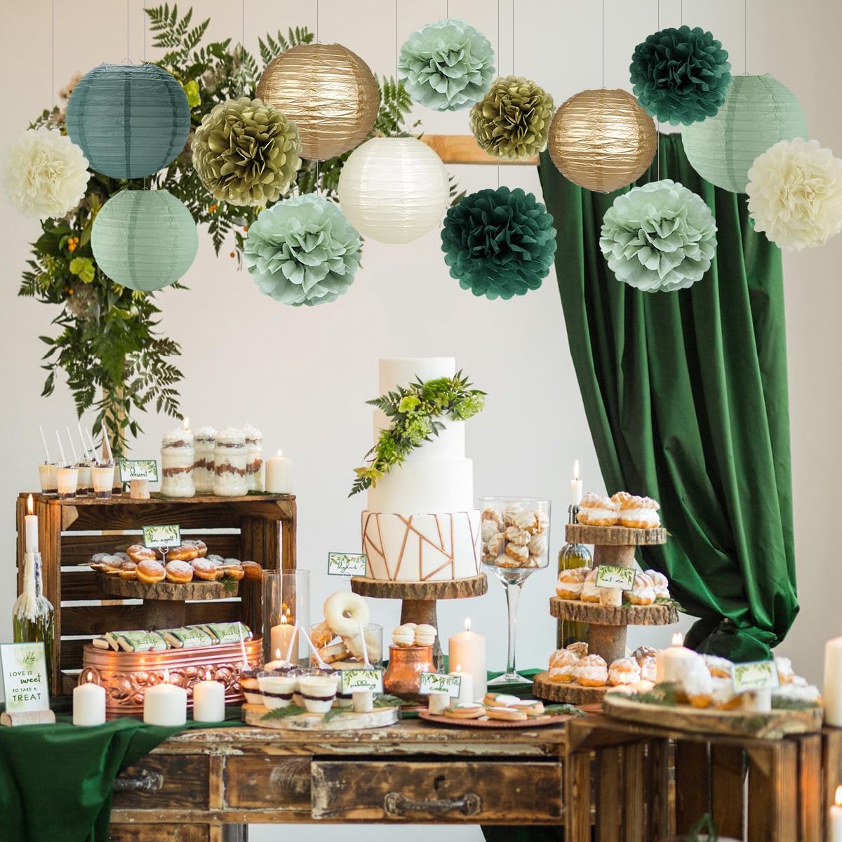 zilue Sage Green Party Decorations, Paper Lanterns and Pom Poms Flowers for Birthday Party Baby Shower Wedding Shower Decor Gold/Ivory/Sage Green 15pcs