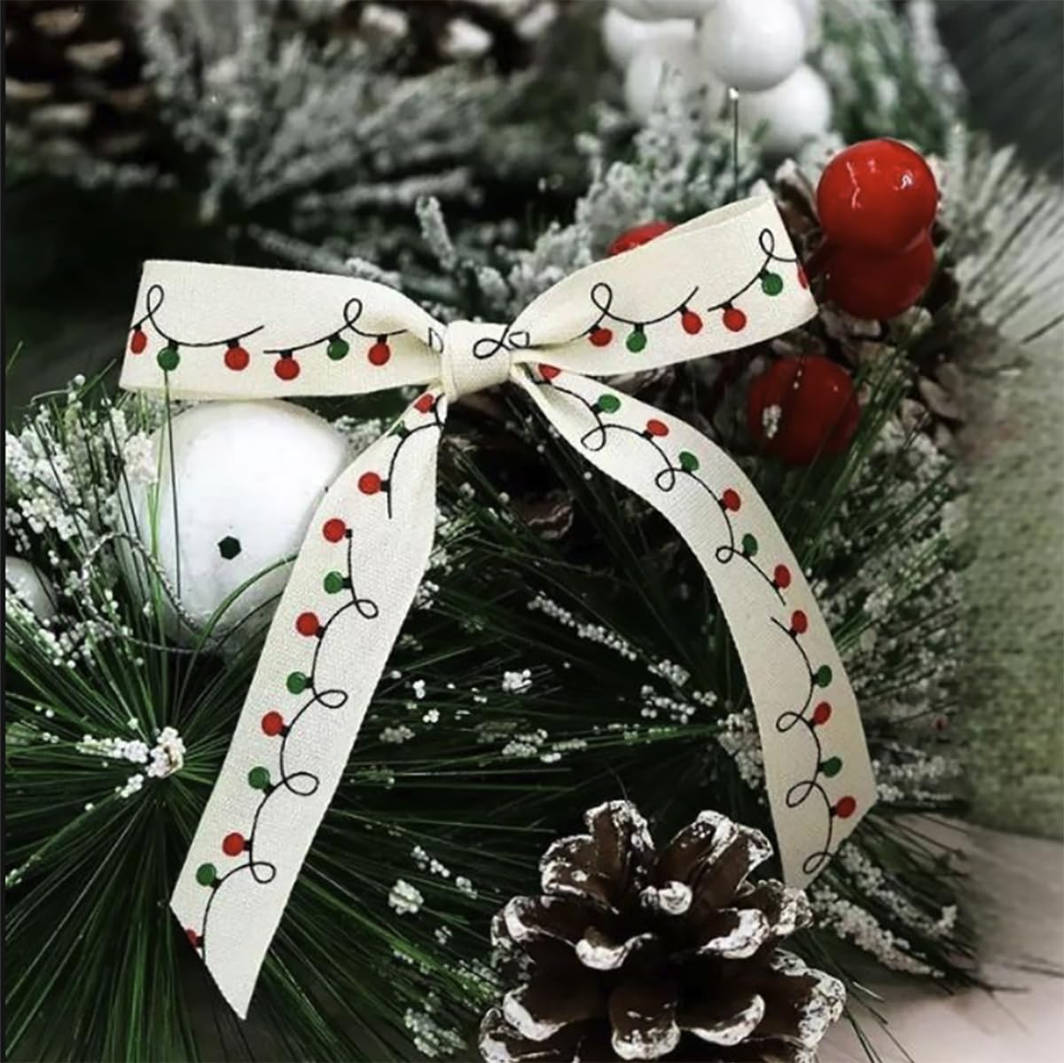 10 Yards Merry Christmas Cotton Ribbon, 5/8 Inch, Red Green White Merry Wrapping Ribbon for Craft Wreath Decor Bow Flower Bouquet (String Lights)