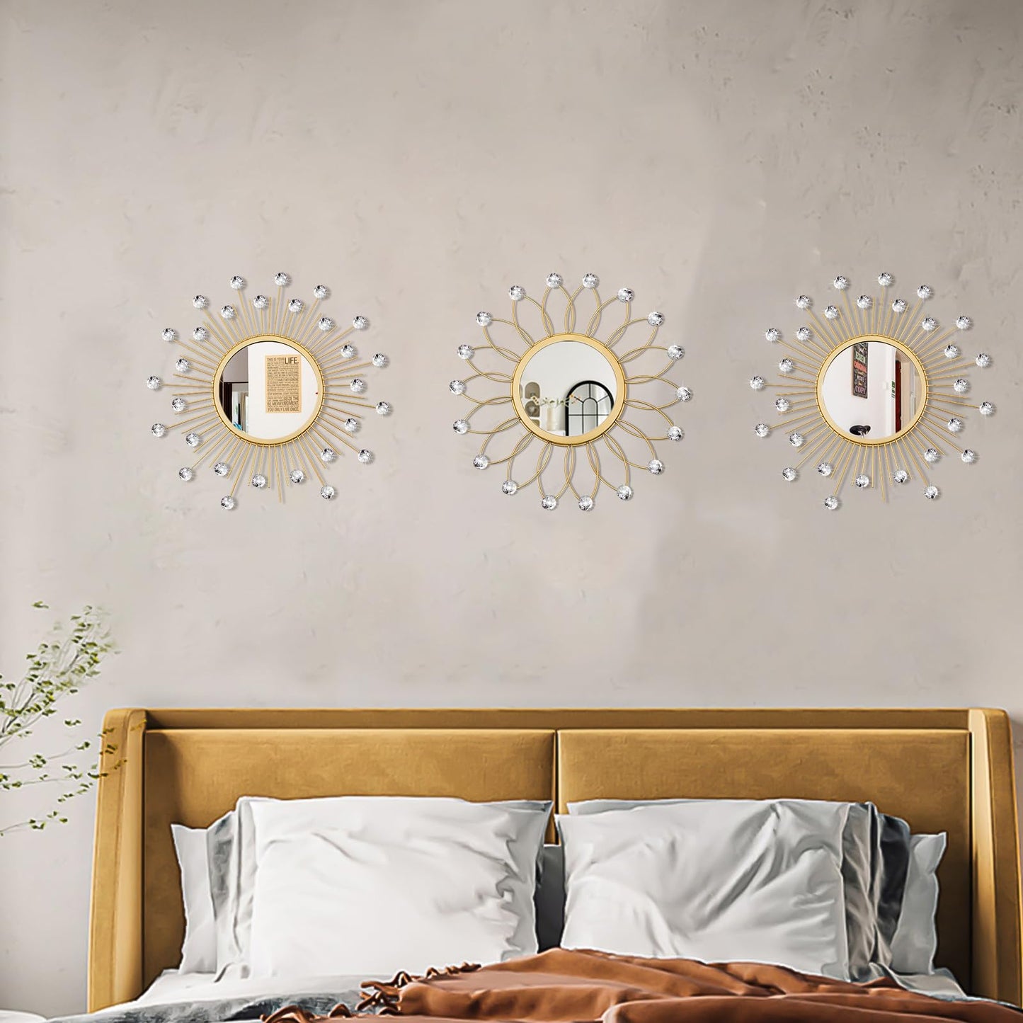3 Pack Metal Mirrors for Wall Sunburst Wall Mirrors Home Décor Decorative Hanging Wall Art for Living Room Bedroom Entryway (Gold Crystal, Flower+Sunburst)