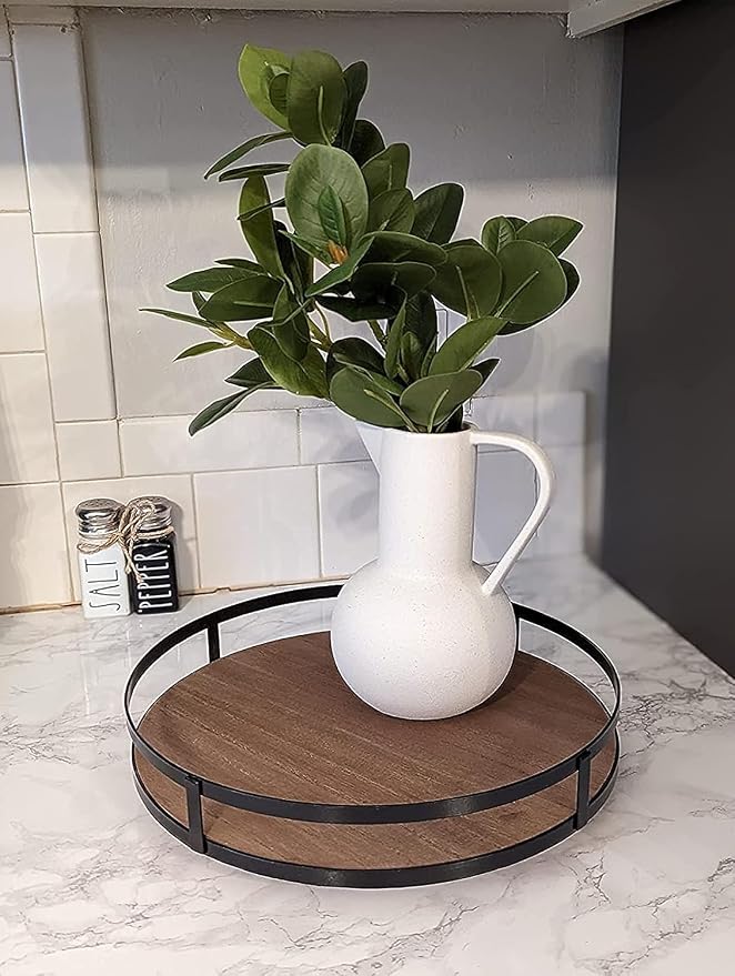 Defined Deco 12in Decorative Tray-Round Serving Tray with Metal Handle-Decorative Trays for Home Decor,Living Room Decor,Coffee Table Decor,Rustic Wooden Tray for Kitchen Table Decor,Dining Table.