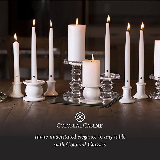 Colonial Candle Unscented Taper Candle, Classic Collection, White, 12 In, Pack of 12 - Up to 10 Hours Burn