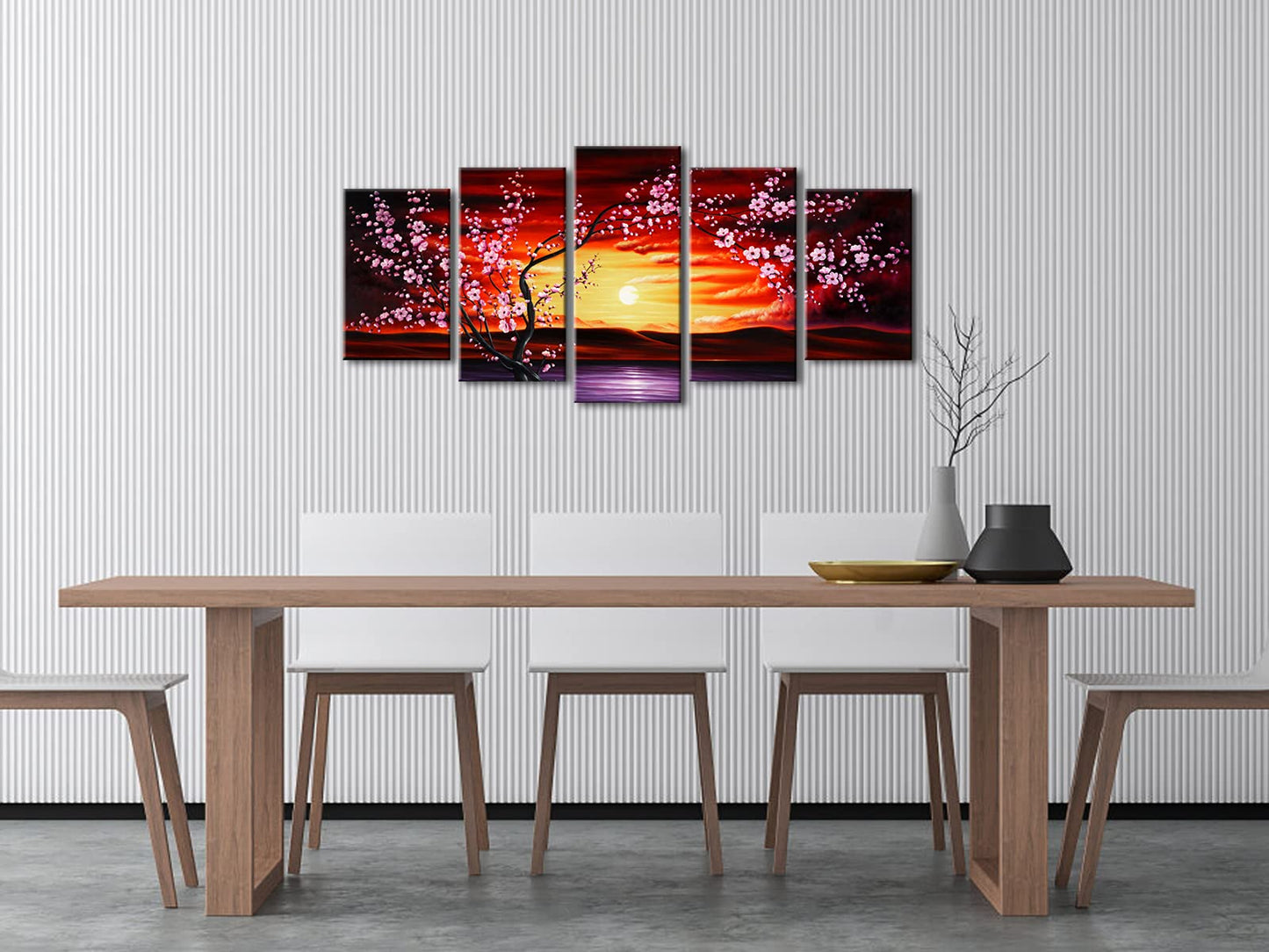 Wieco Art 5 Piece Plum Tree Blossom Canvas Prints Wall Art Abstract Floral Pictures Paintings Decor for Home Decorations Modern Stretched and Framed Contemporary Giclee Red Flowers Artwork