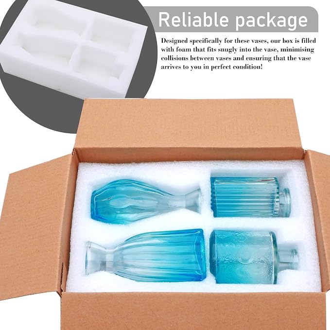 Mapoxy Glass Bud Vases Set of 4,Blue Small Flower Vases for Wedding Centerpiece Table Decorations,Clear Vintage Embossed Mini Vases,Flower Arrangements in Vases for Party or Home Decor