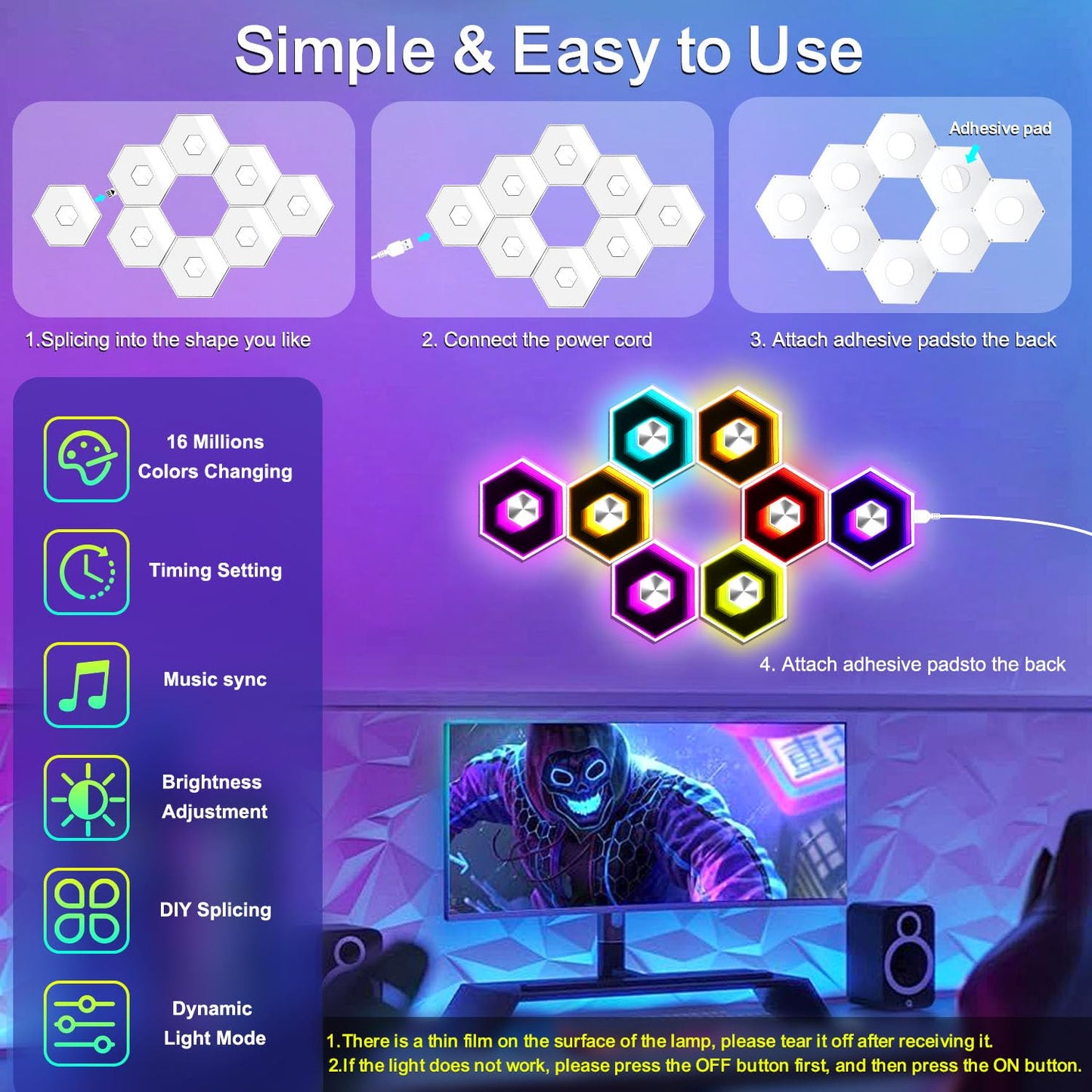 vimeepro Hexagon LED Lights - 8 Pack Smart APP RGB Gaming LED Light with Remote Control & Music Sync Honeycomb Shape Hexagon Wall Lights for Bedroom, Living Room Wall, Gaming Decor