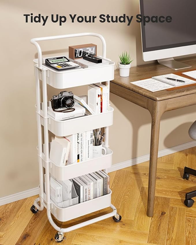 Pipishell 4 Tier Rolling Cart, Metal Utility Cart with Wheels and Handle, Rolling Storage Cart for Nursery Room, Living Room, Painting Room, Office and Kitchen, White