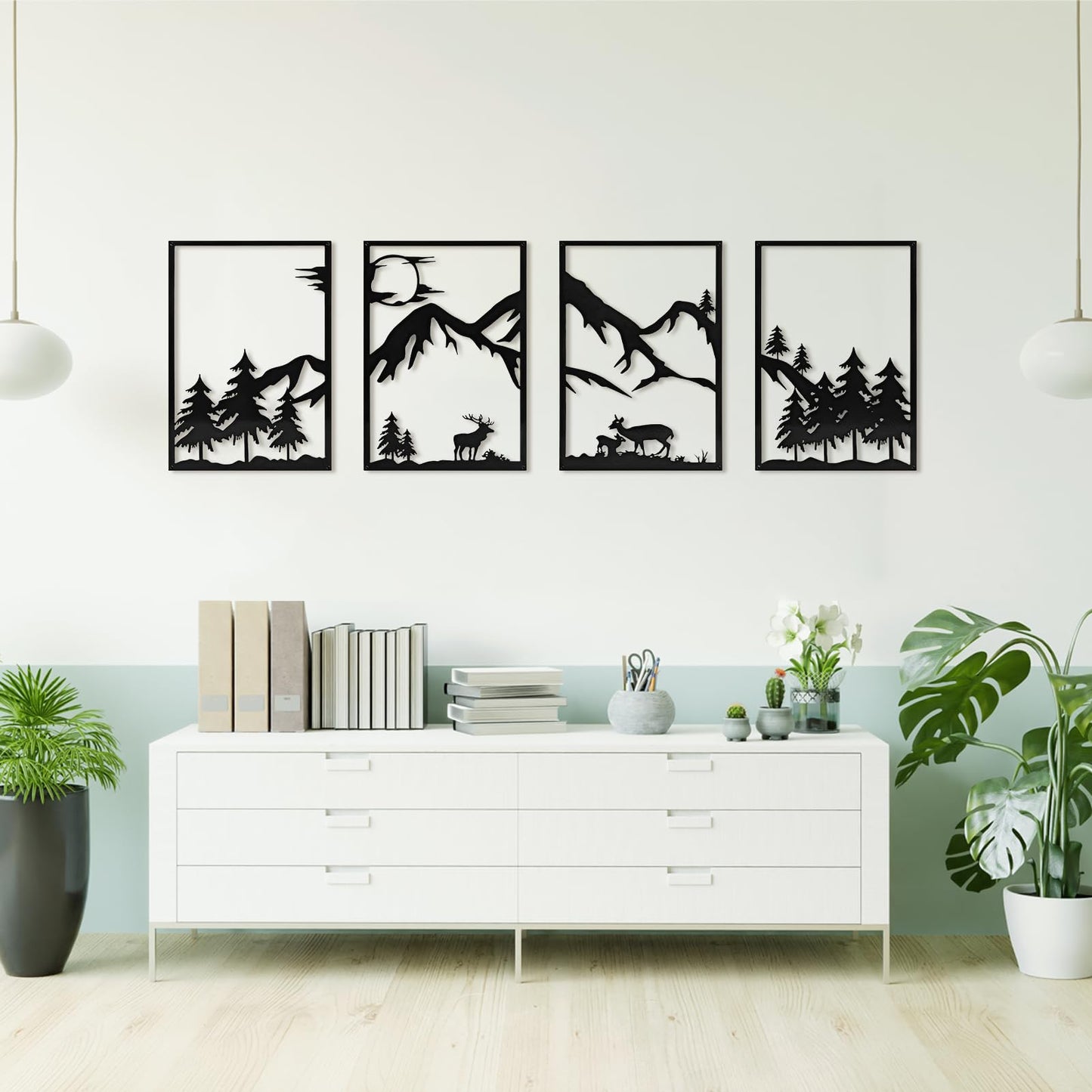 LONGKING 4 Pack Metal Wall Art, Mountain Iron Wall Sculpture, Art Wall Décor for Office, Dining Room, Living Room, Bedroom (Black, 17 x 12 in)