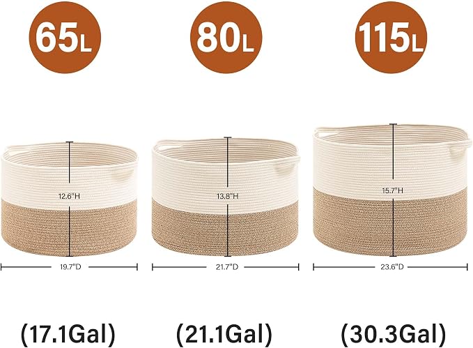 Foldable Laundry Hamper Basket with Collapsible Handle Cotton Rope Soft Woven Fabric Storage Organizer Clothes Toys Nursery Bedroom Dorm Space Saving Bin (White & Brown, 115L(23.6"D x 15.7"H))