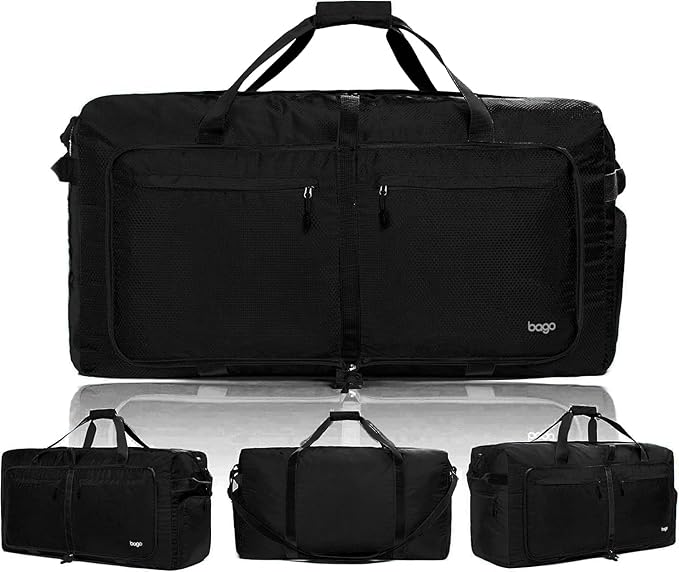 Bago Large Foldable Duffel Bags for Traveling Women & Men - 100L Packable Duffle Bag for Travel with Shoe Compartment - Water Repellant, Heavy Duty, Lightweight Folding & Collapsible (All Black)