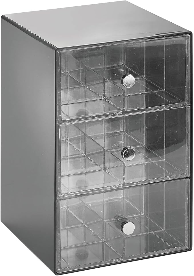 mDesign Plastic Wide Kitchen Pantry, Cabinet, Countertop Organizer Storage Station, 3 Drawers for Coffee, Tea, Sugar Packets, Sweeteners, Creamers, Drink Pods, Packets; 18 Sections, Dark Gray/Clear