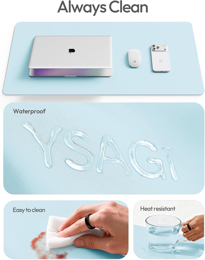 YSAGi Leather Desk Protector, Office Mat, Large Mouse Mat, Non-Slip PU Leather Blotter, Laptop Desk Mat, Waterproof Writing Pad for Office and Home(Baby Blue, 40" x 24")