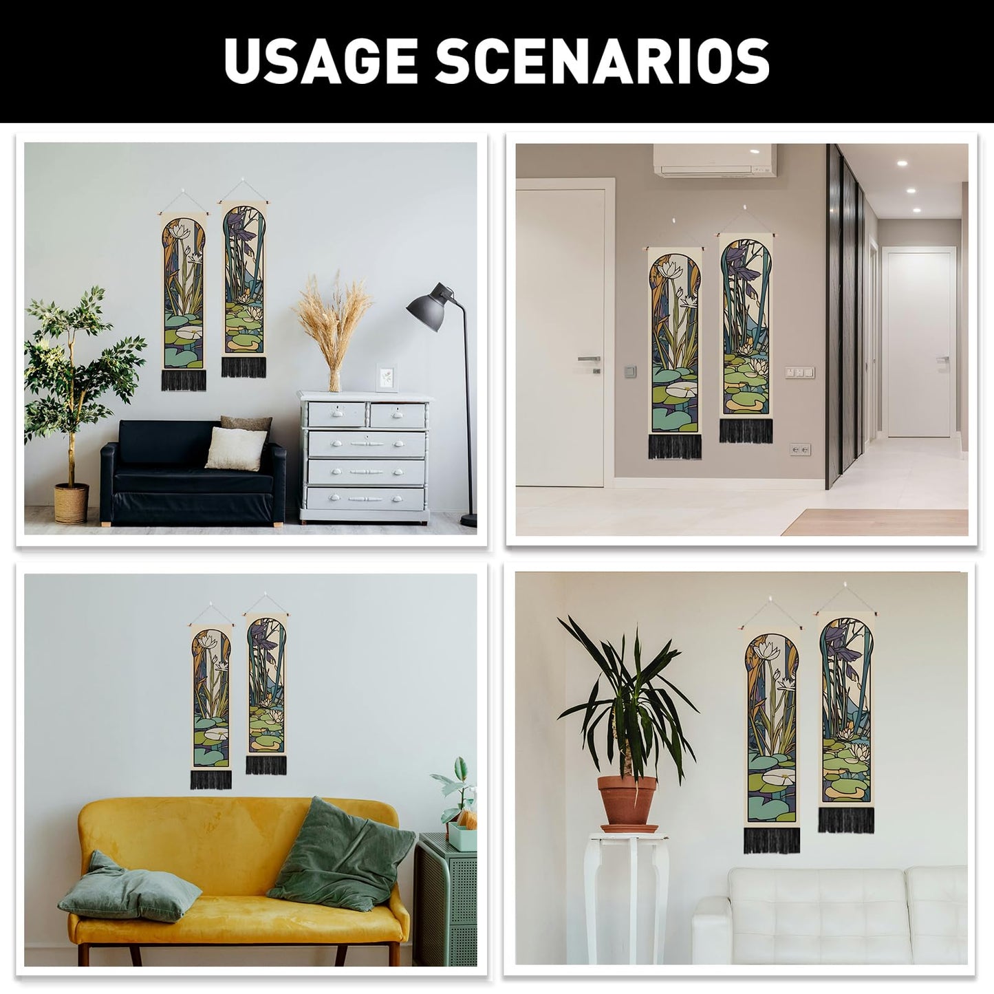 PLIGREAT 2 Pack Mucha Pond Style Tapestry Vertical Art Lotus Wall Hanging with Tassels Aesthetic Wall Tapestry for Bedroom Bathroom Living Room Long Narrow Home Art Decor, 52"x13"