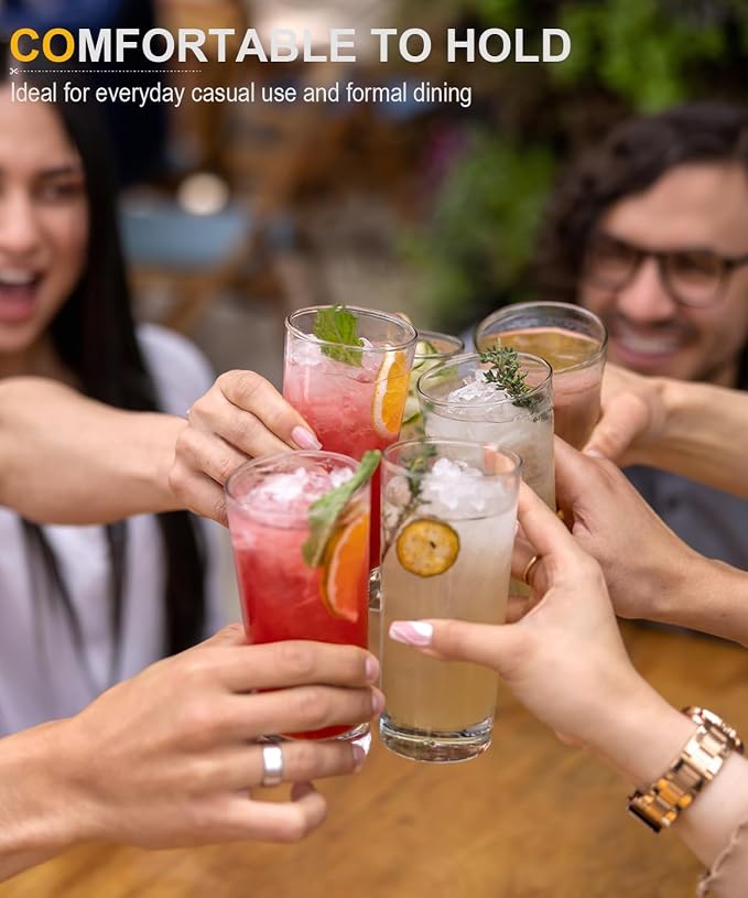 Drinking Glasses Set of 4, 16oz Wide Mouth Water Glass Cups, Lead-Free Crystal Glassware Set, Tall Cocktail Tumblers for Mojito, Tom Collins, Highball Glasses