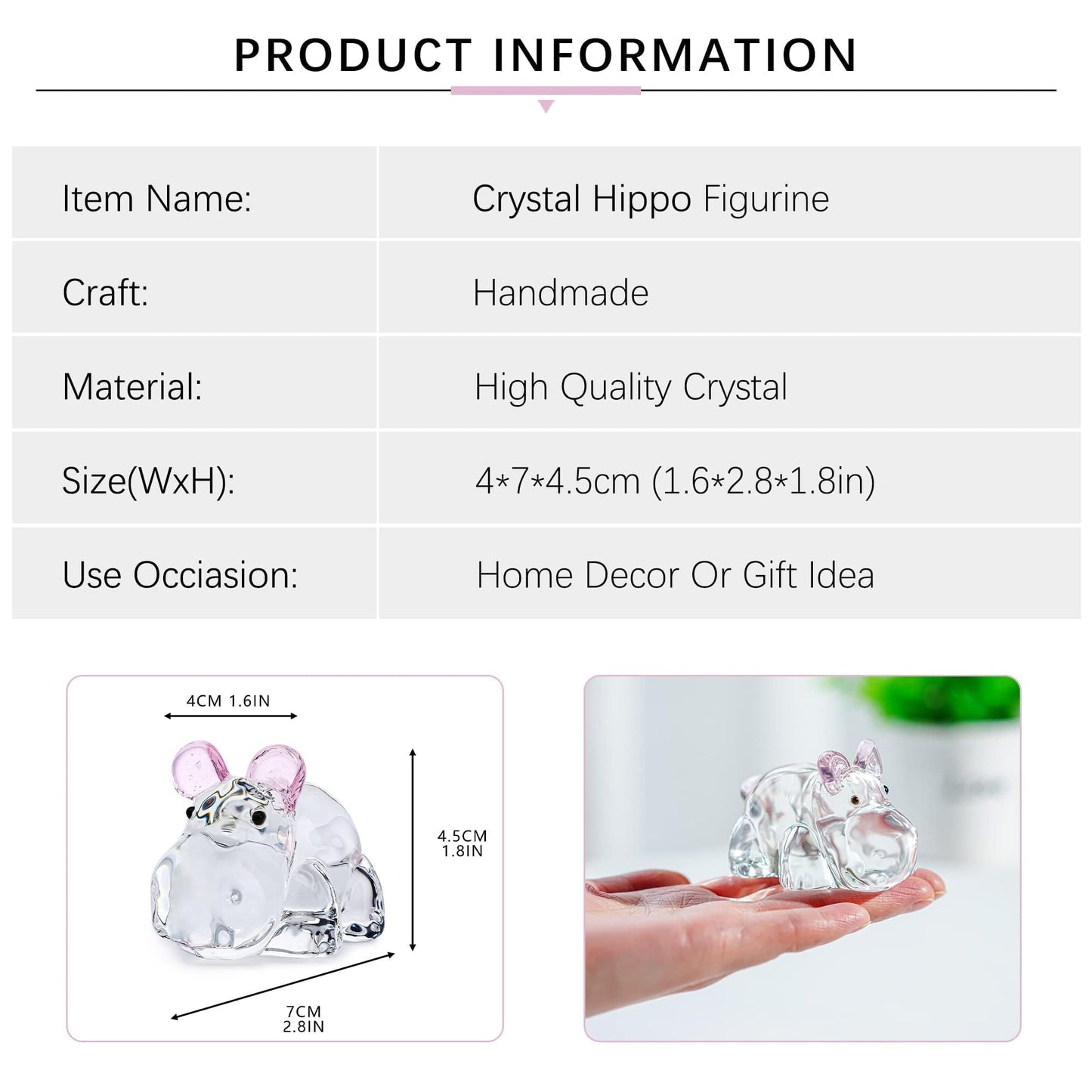 HDCRYSTALGIFTS 2.8inch Crystal Hippo Figurines Collectibles Gift for Women Art Glass Hippopotamus Statue Animal Paperweight Ornament for Table Home Decoration
