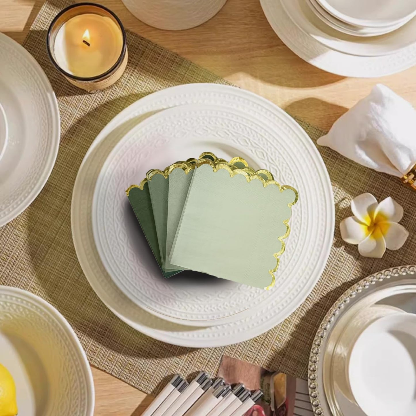 100 pack Green Cocktail Napkins with Gold Foil Accents Scalloped Edges 5 x 5 inch Beverage Disposable Napkin Party Decoration Wedding Bridal and Baby Shower Dinner Lunch Supplies