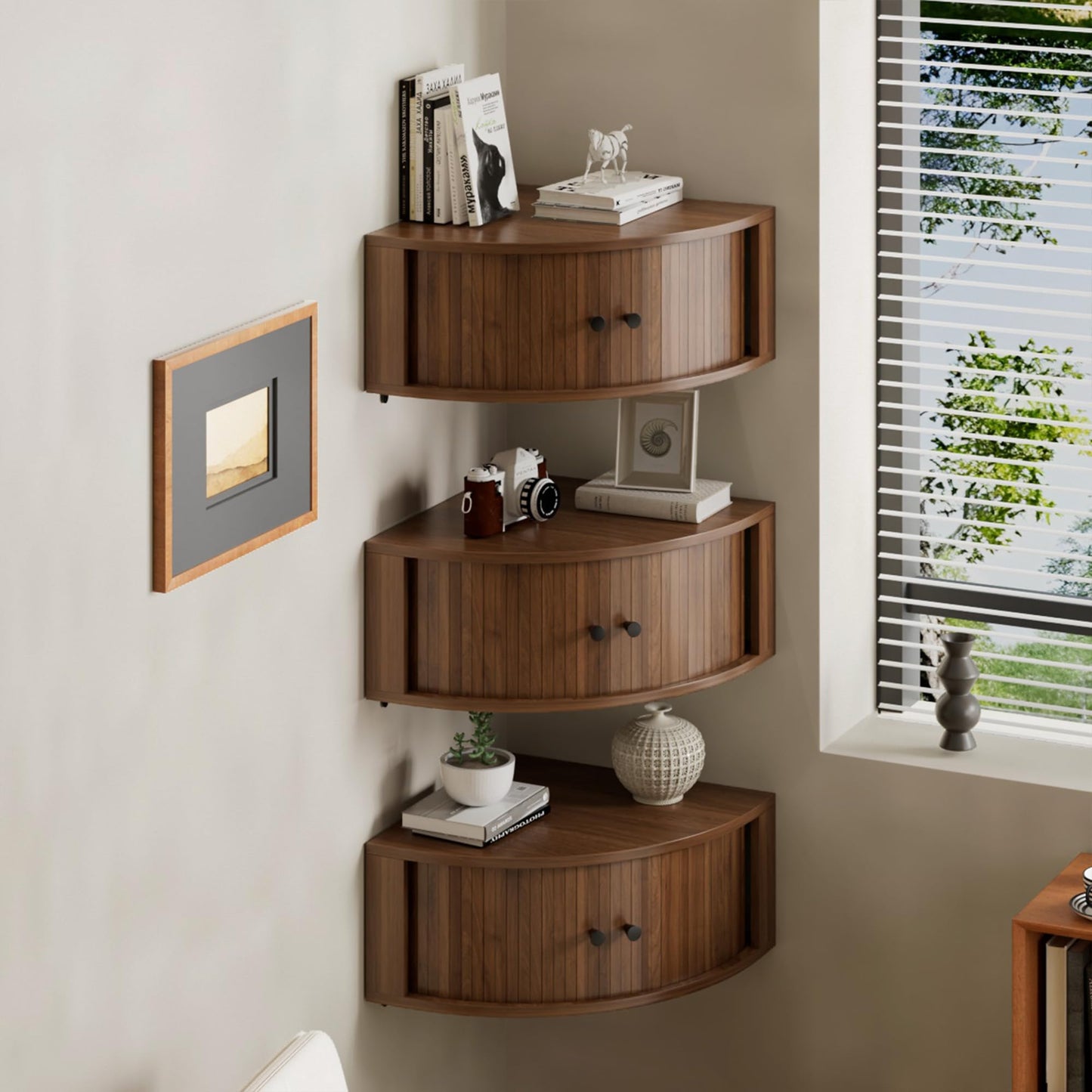 tauxkoi Corner Shelves Wall Cabinet Set of 3, Floating Corner Shelf Organizer with Sliding Doors, Fluted Wall Cabinet for Living Room, Bedroom, Office, Small Space, Walnut (Curved, 15.74“)