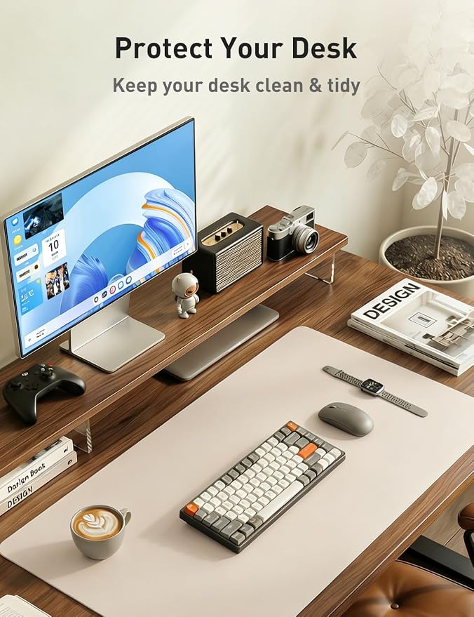 Aothia Faux Leather Desk Mat - Non-Slip PU Leather Desk Blotter, Waterproof Writing Surface, Large Desk Pad for Office & Home (Eggshell, 55" x 17")