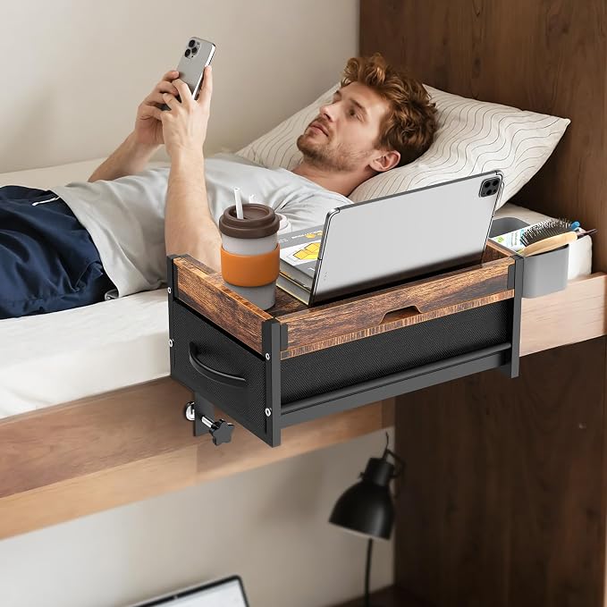 Bedside Shelf for Dorm Room, 2 Tier Clip On Bed Side Table Loft Shelf for Bunk Bed, Bedside Tray with Cable Management, Under Mattress Bedside Shelf, Back to School