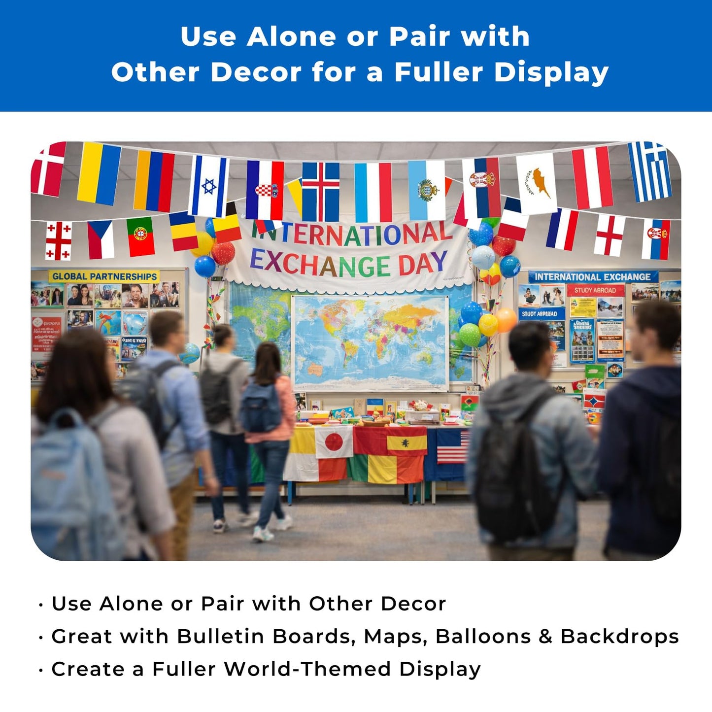 100 Country Flags Banner 82ft, Pre-Strung Reusable Polyester Flags of the World International Bunting for Classroom Decor, Party, Festival, Patio & Outdoor Events