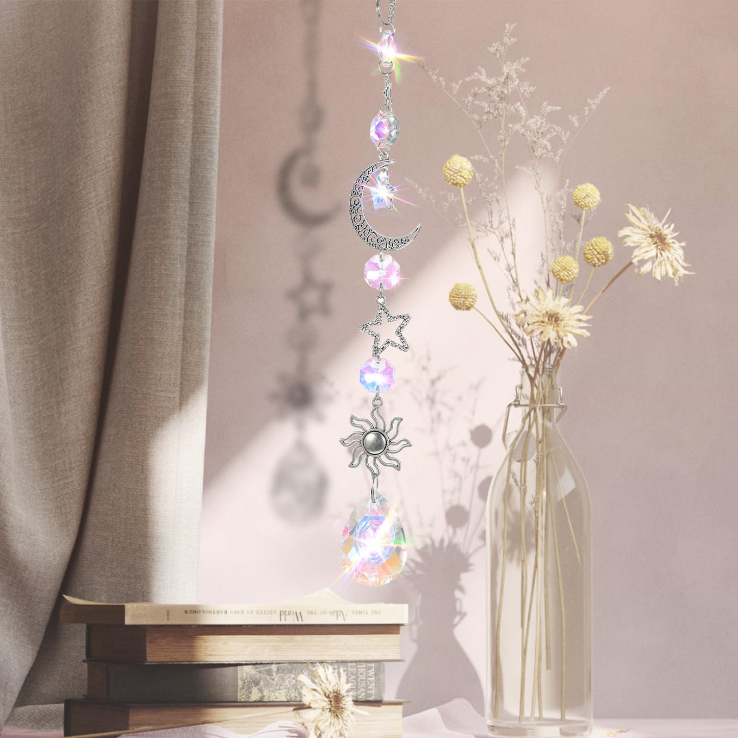 XLIUAX Moon and Star Rear View Mirror Car Charm, Cute Boho Sun Catcher Pendant Hangings Ornaments Healing Crystals Stones Car Decor for Women Men(B)