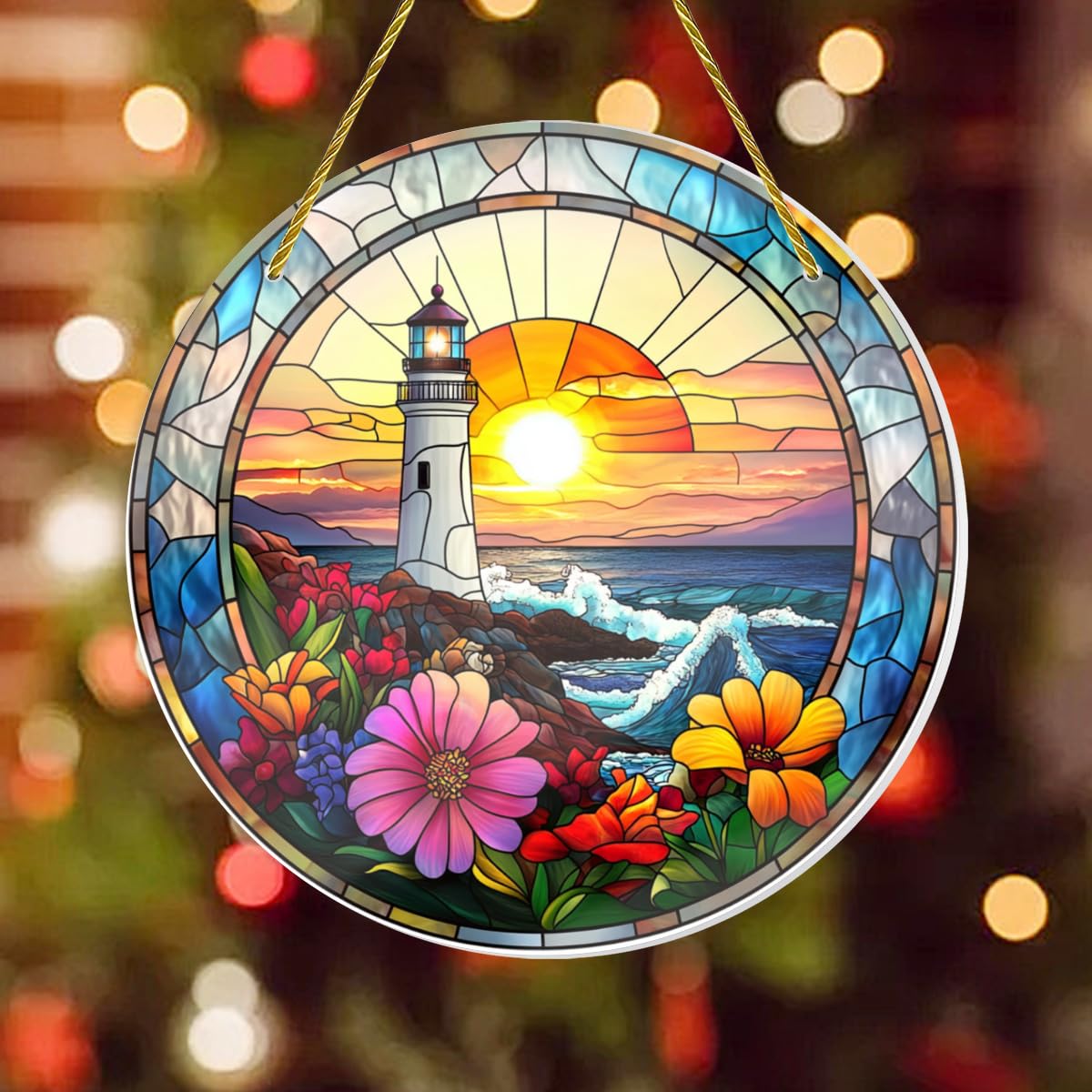Vextrovia Gothic Lighthouse Wall Art, Stained Glass Sunrise and Floral Circular Hanging, Medieval Styles Motifs, Easy to Hang, Shatterproof Acrylic for Coastal Living Room Decor, 8x8 Inch