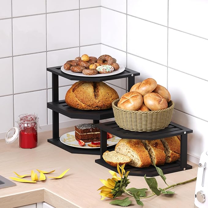 VERTORGAN Bamboo Corner Shelf(3 Pack),2 Tier Plate Organizer for Cabinet and Countertop,Pantry Dish and Spice Rack for Kitchen(Black)